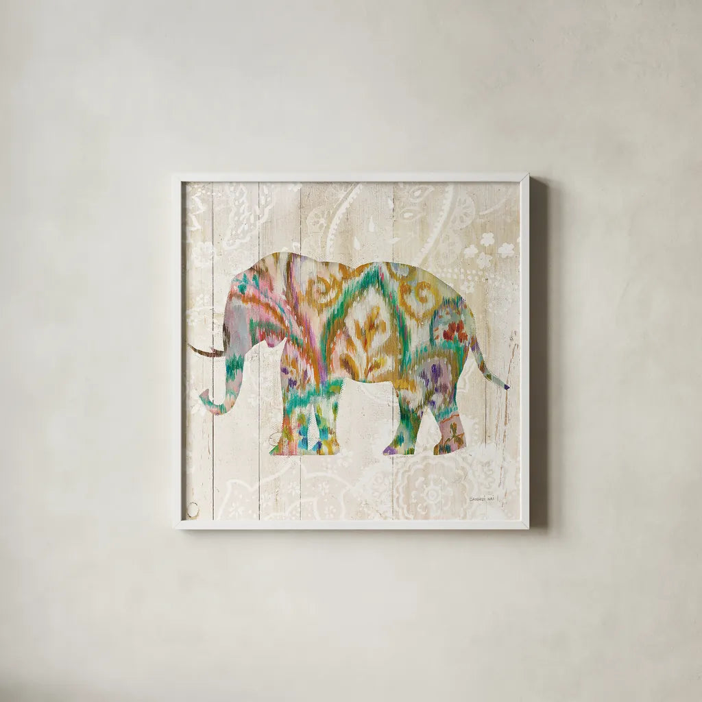 Boho Paisley Elephant II v2 by Danhui Nai. Shown in a crisp white glass frame for a clean and minimalist style. Available as an archival giclee rolled canvas, fine art paper, or poster print. SKU 34515a.