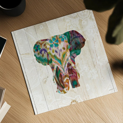 Boho Paisley Elephant III by Danhui Nai. Shown as a detailed flat fine art print, highlighting archival giclee quality. Available as an archival giclee rolled canvas, fine art paper, or poster print. SKU 30937a.