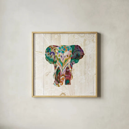 Boho Paisley Elephant III by Danhui Nai. Shown in a natural wood glass frame for a timeless modern aesthetic. Available as an archival giclee rolled canvas, fine art paper, or poster print. SKU 30937a.