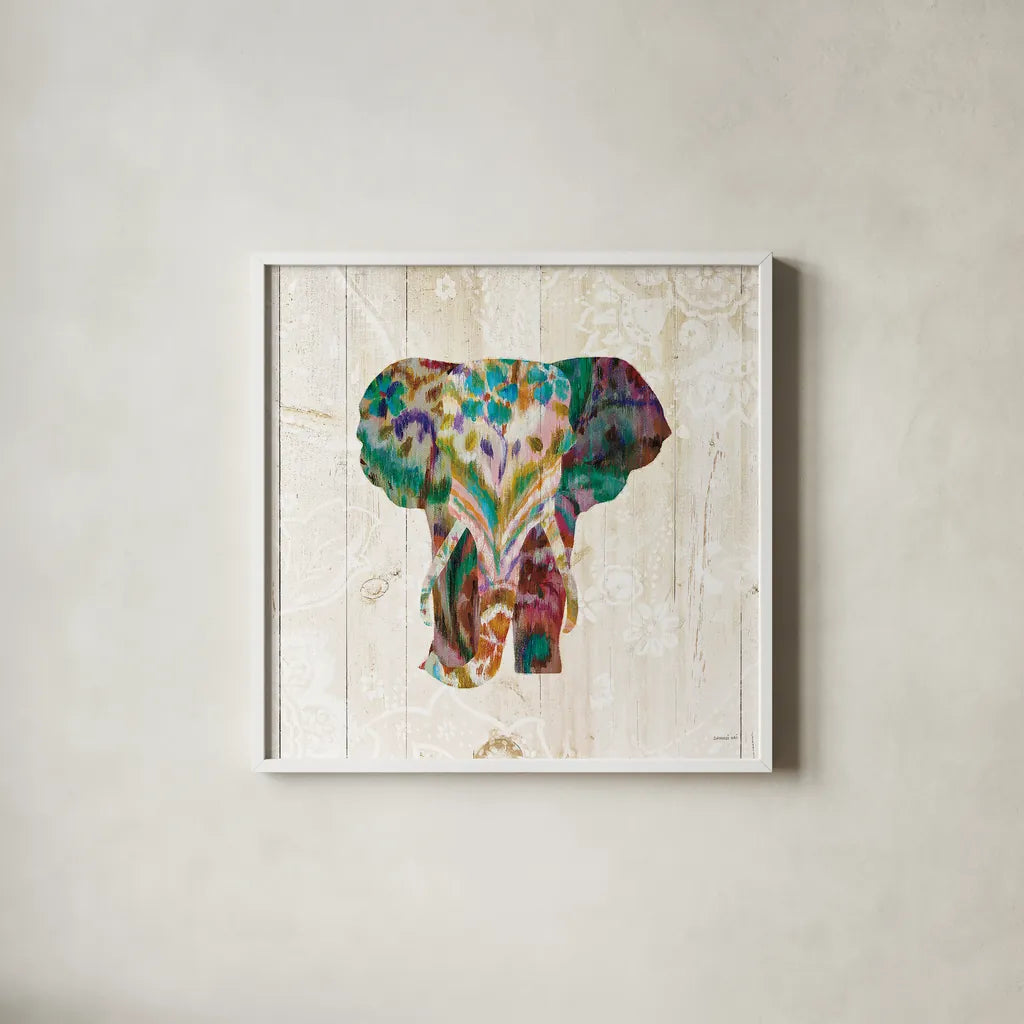 Boho Paisley Elephant III by Danhui Nai. Shown in a crisp white glass frame for a clean and minimalist style. Available as an archival giclee rolled canvas, fine art paper, or poster print. SKU 30937a.