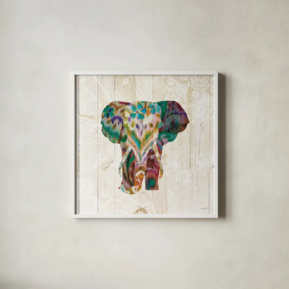Boho Paisley Elephant III by Danhui Nai. Shown in a crisp white glass frame for a clean and minimalist style. Available as an archival giclee rolled canvas, fine art paper, or poster print. SKU 30937a.