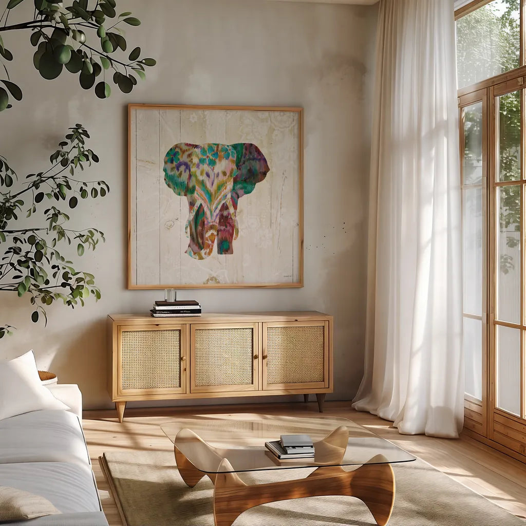 Boho Paisley Elephant III by Danhui Nai. Shown in a natural wood frame in a cozy modern living room. Available as an archival giclee rolled canvas, fine art paper, or poster print. SKU 30937a.