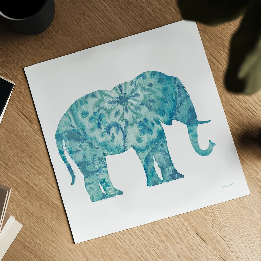 Boho Teal Elephant I by Danhui Nai. Shown as a detailed flat fine art print, highlighting archival giclee quality. Available as an archival giclee rolled canvas, fine art paper, or poster print. SKU 33578a.