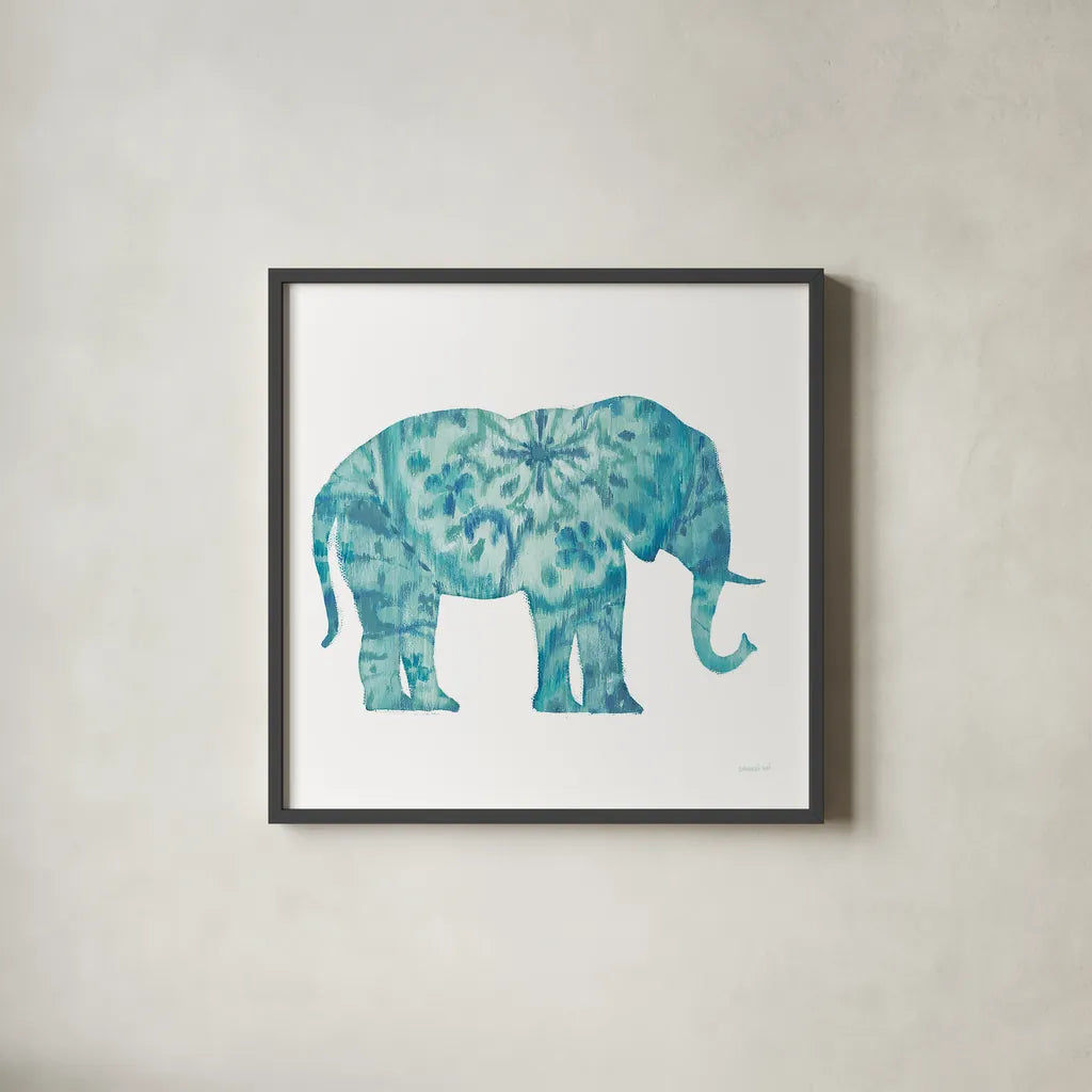 Boho Teal Elephant I by Danhui Nai. Shown in a sleek black glass frame for a contemporary gallery look. Available as an archival giclee rolled canvas, fine art paper, or poster print. SKU 33578a.