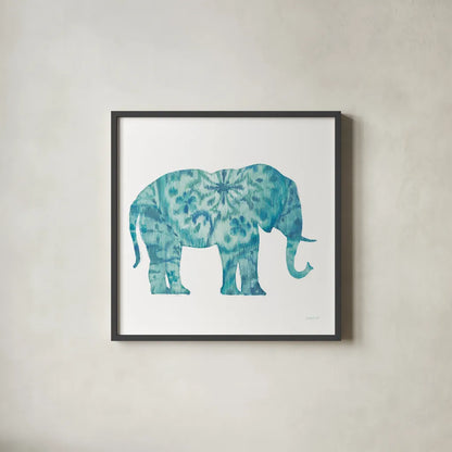 Boho Teal Elephant I by Danhui Nai. Shown in a sleek black glass frame for a contemporary gallery look. Available as an archival giclee rolled canvas, fine art paper, or poster print. SKU 33578a.
