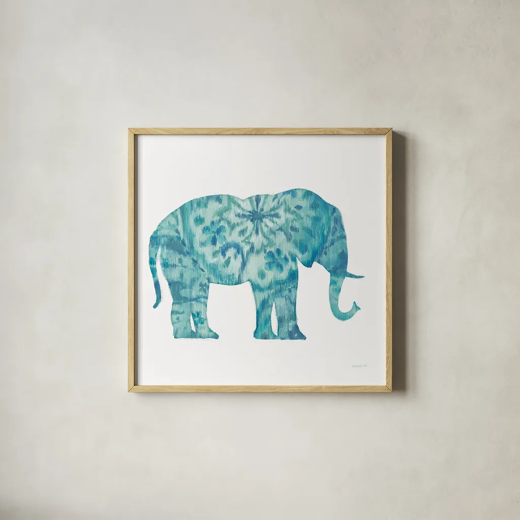 Boho Teal Elephant I by Danhui Nai. Shown in a natural wood glass frame for a timeless modern aesthetic. Available as an archival giclee rolled canvas, fine art paper, or poster print. SKU 33578a.