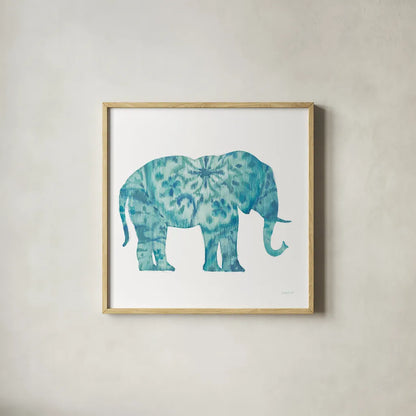 Boho Teal Elephant I by Danhui Nai. Shown in a natural wood glass frame for a timeless modern aesthetic. Available as an archival giclee rolled canvas, fine art paper, or poster print. SKU 33578a.
