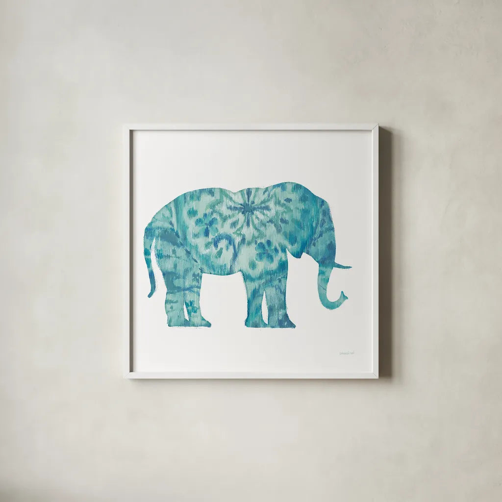 Boho Teal Elephant I by Danhui Nai. Shown in a crisp white glass frame for a clean and minimalist style. Available as an archival giclee rolled canvas, fine art paper, or poster print. SKU 33578a.