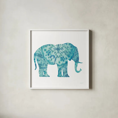 Boho Teal Elephant I by Danhui Nai. Shown in a crisp white glass frame for a clean and minimalist style. Available as an archival giclee rolled canvas, fine art paper, or poster print. SKU 33578a.