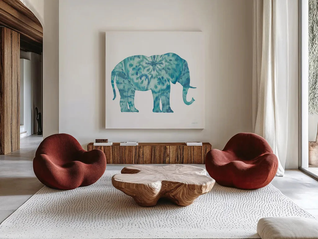 Boho Teal Elephant I by Danhui Nai. Shown as extra-large giant wall art in a modern living room. Available as an archival giclee rolled canvas, fine art paper, or poster print. SKU 33578a.