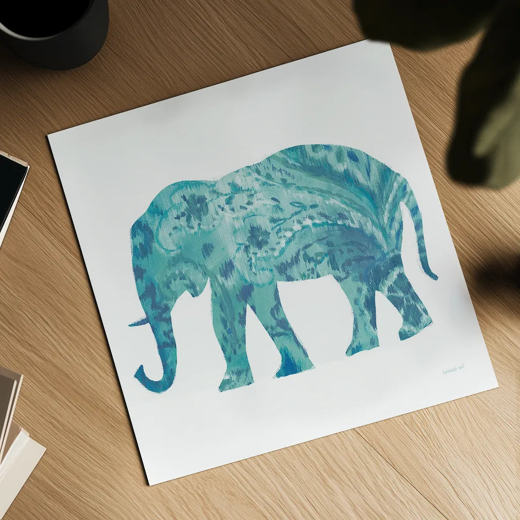 Boho Teal Elephant II by Danhui Nai. Shown as a detailed flat fine art print, highlighting archival giclee quality. Available as an archival giclee rolled canvas, fine art paper, or poster print. SKU 33579a.