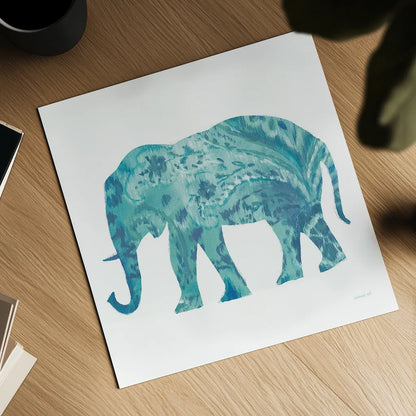 Boho Teal Elephant II by Danhui Nai. Shown as a detailed flat fine art print, highlighting archival giclee quality. Available as an archival giclee rolled canvas, fine art paper, or poster print. SKU 33579a.