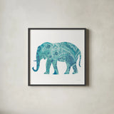 Boho Teal Elephant II by Danhui Nai. Shown in a sleek black glass frame for a contemporary gallery look. Available as an archival giclee rolled canvas, fine art paper, or poster print. SKU 33579a.