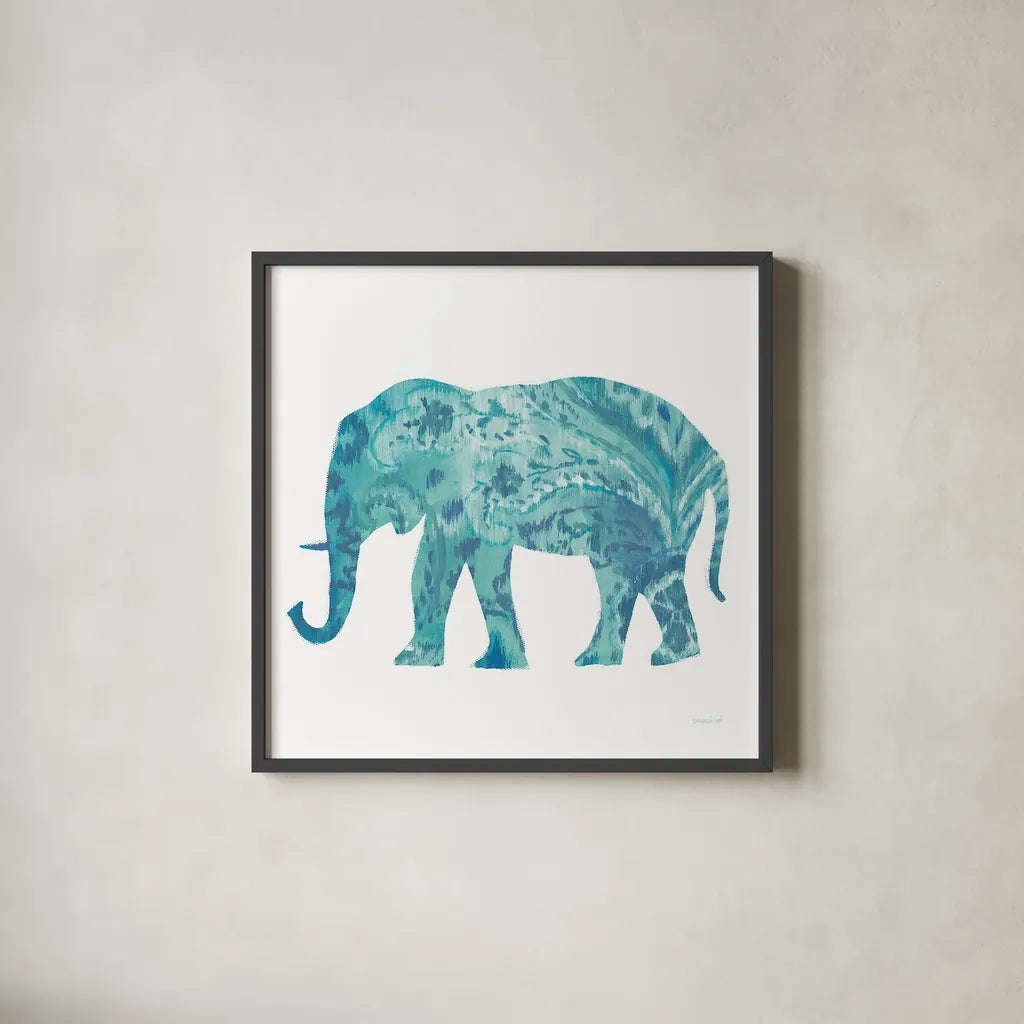 Boho Teal Elephant II by Danhui Nai. Shown in a sleek black glass frame for a contemporary gallery look. Available as an archival giclee rolled canvas, fine art paper, or poster print. SKU 33579a.