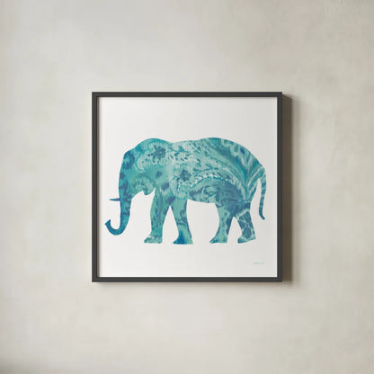 Boho Teal Elephant II by Danhui Nai. Shown in a sleek black glass frame for a contemporary gallery look. Available as an archival giclee rolled canvas, fine art paper, or poster print. SKU 33579a.