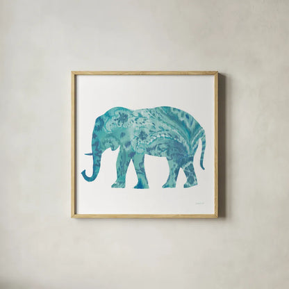 Boho Teal Elephant II by Danhui Nai. Shown in a natural wood glass frame for a timeless modern aesthetic. Available as an archival giclee rolled canvas, fine art paper, or poster print. SKU 33579a.
