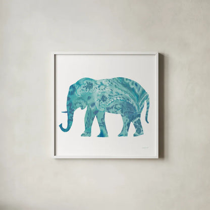 Boho Teal Elephant II by Danhui Nai. Shown in a crisp white glass frame for a clean and minimalist style. Available as an archival giclee rolled canvas, fine art paper, or poster print. SKU 33579a.