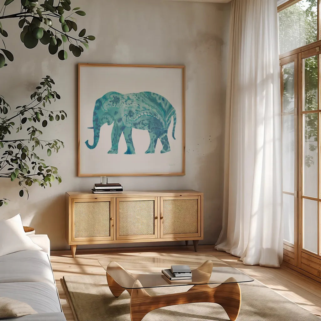 Boho Teal Elephant II by Danhui Nai. Shown in a natural wood frame in a cozy modern living room. Available as an archival giclee rolled canvas, fine art paper, or poster print. SKU 33579a.