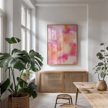 Boho Tropical Abstract I by Danhui Nai. shown as a print in a natural wood frame in a dining room. Available as a archival giclee rolled canvas, fine art paper, or poster print. SKU 72048h.