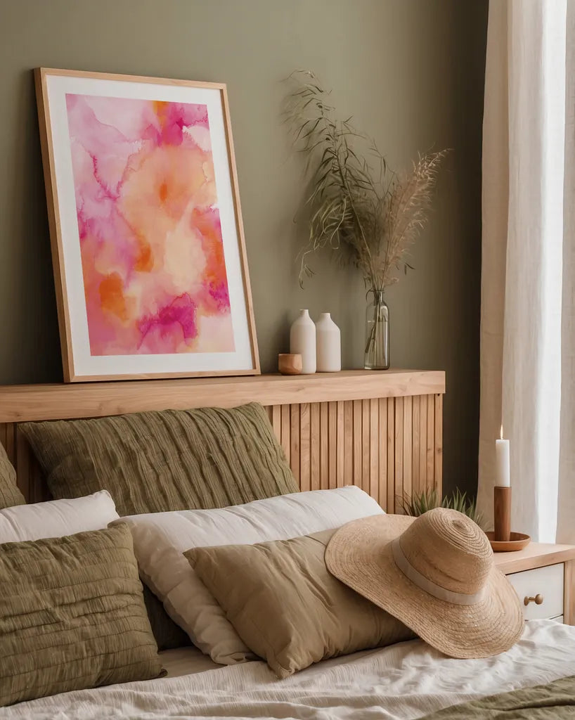 Boho Tropical Abstract I by Danhui Nai. shown as a paper print in a natural frame. Available as a archival giclee rolled canvas, fine art paper, or poster print. SKU 72048h.