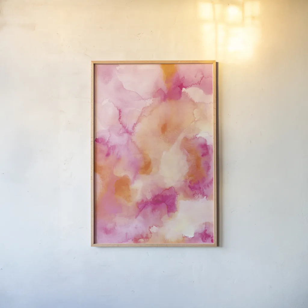 Boho Tropical Abstract I by Danhui Nai. shown as a paper print in a natural frame. Available as a archival giclee rolled canvas, fine art paper, or poster print. SKU 72048h.