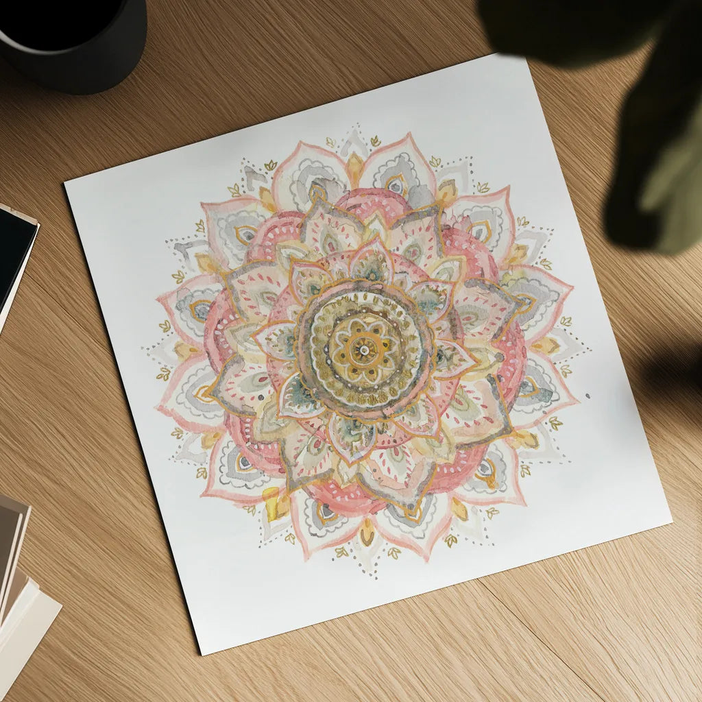 Boho Tropical Mandala on White by Danhui Nai. Shown as a detailed flat fine art print, highlighting archival giclee quality. Available as an archival giclee rolled canvas, fine art paper, or poster print. SKU 66120a.