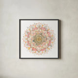 Boho Tropical Mandala on White by Danhui Nai. Shown in a sleek black glass frame for a contemporary gallery look. Available as an archival giclee rolled canvas, fine art paper, or poster print. SKU 66120a.