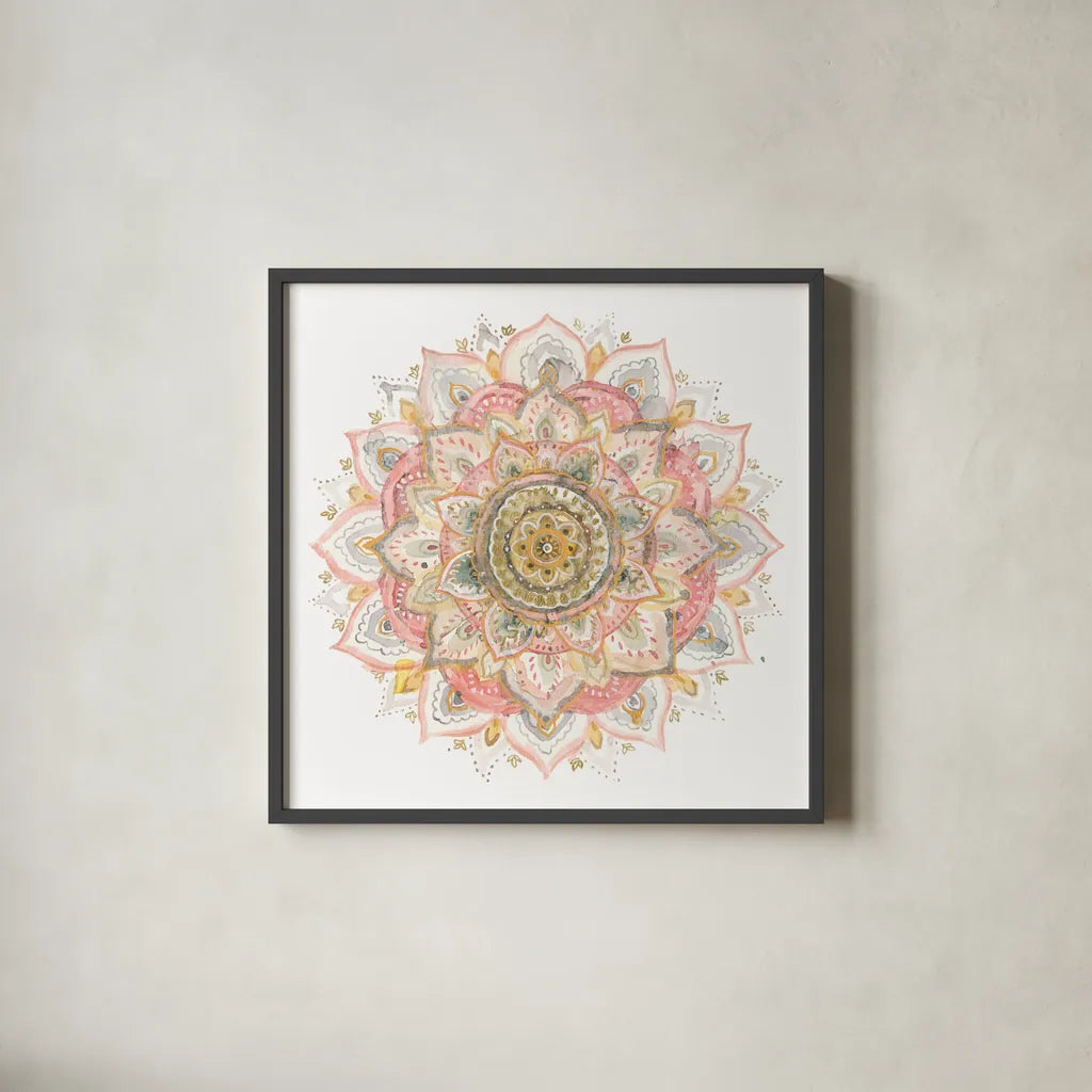 Boho Tropical Mandala on White by Danhui Nai. Shown in a sleek black glass frame for a contemporary gallery look. Available as an archival giclee rolled canvas, fine art paper, or poster print. SKU 66120a.