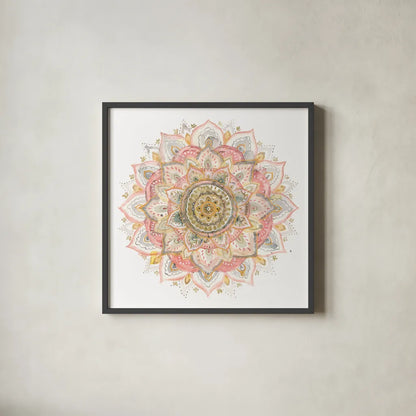 Boho Tropical Mandala on White by Danhui Nai. Shown in a sleek black glass frame for a contemporary gallery look. Available as an archival giclee rolled canvas, fine art paper, or poster print. SKU 66120a.