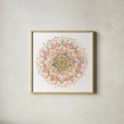 Boho Tropical Mandala on White by Danhui Nai. Shown in a natural wood glass frame for a timeless modern aesthetic. Available as an archival giclee rolled canvas, fine art paper, or poster print. SKU 66120a.