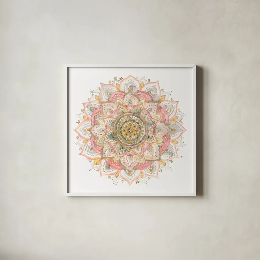 Boho Tropical Mandala on White by Danhui Nai. Shown in a crisp white glass frame for a clean and minimalist style. Available as an archival giclee rolled canvas, fine art paper, or poster print. SKU 66120a.