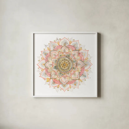 Boho Tropical Mandala on White by Danhui Nai. Shown in a crisp white glass frame for a clean and minimalist style. Available as an archival giclee rolled canvas, fine art paper, or poster print. SKU 66120a.
