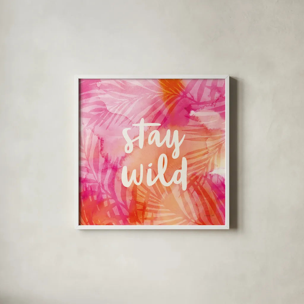 Boho Tropical Sign I by Danhui Nai. Shown in a crisp white glass frame for a clean and minimalist style. Available as an archival giclee rolled canvas, fine art paper, or poster print. SKU 72050a.