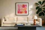 Boho Tropical Sign I by Danhui Nai. Displayed in a glass frame with matte in a clean modern living room. Available as an archival giclee rolled canvas, fine art paper, or poster print. SKU 72050a.