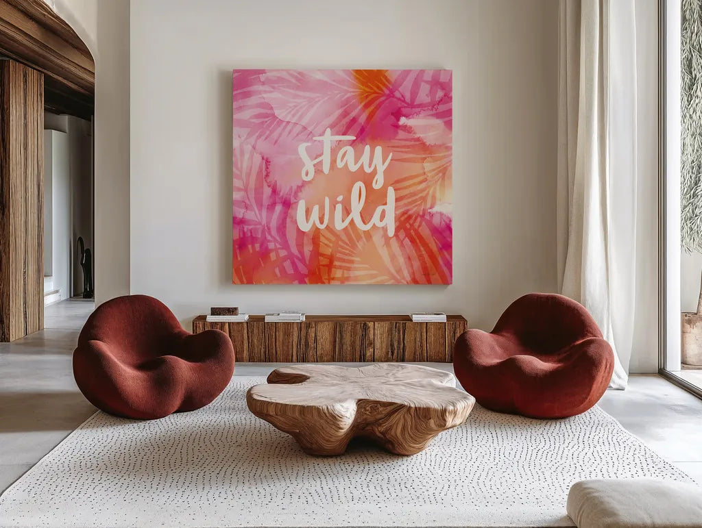 Boho Tropical Sign I by Danhui Nai. Shown as extra-large giant wall art in a modern living room. Available as an archival giclee rolled canvas, fine art paper, or poster print. SKU 72050a.
