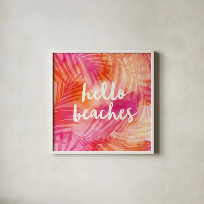Boho Tropical Sign II by Danhui Nai. Shown in a crisp white glass frame for a clean and minimalist style. Available as an archival giclee rolled canvas, fine art paper, or poster print. SKU 72051a.