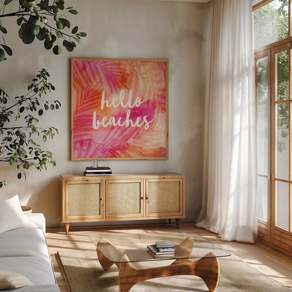 Boho Tropical Sign II by Danhui Nai. Shown in a natural wood frame in a cozy modern living room. Available as an archival giclee rolled canvas, fine art paper, or poster print. SKU 72051a.