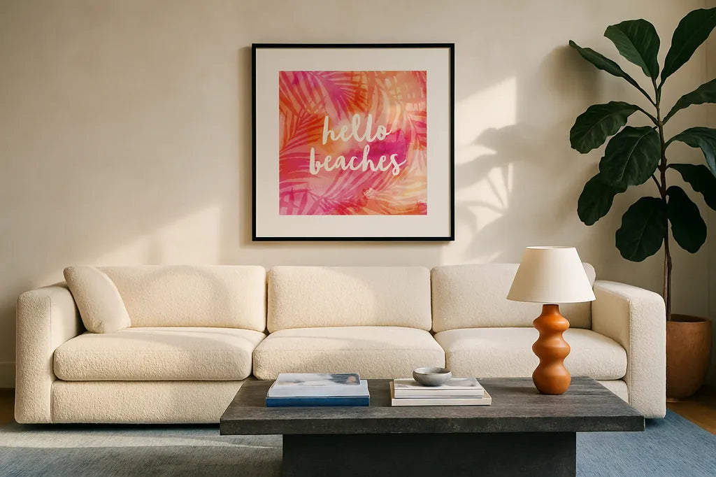 Boho Tropical Sign II by Danhui Nai. Displayed in a glass frame with matte in a clean modern living room. Available as an archival giclee rolled canvas, fine art paper, or poster print. SKU 72051a.