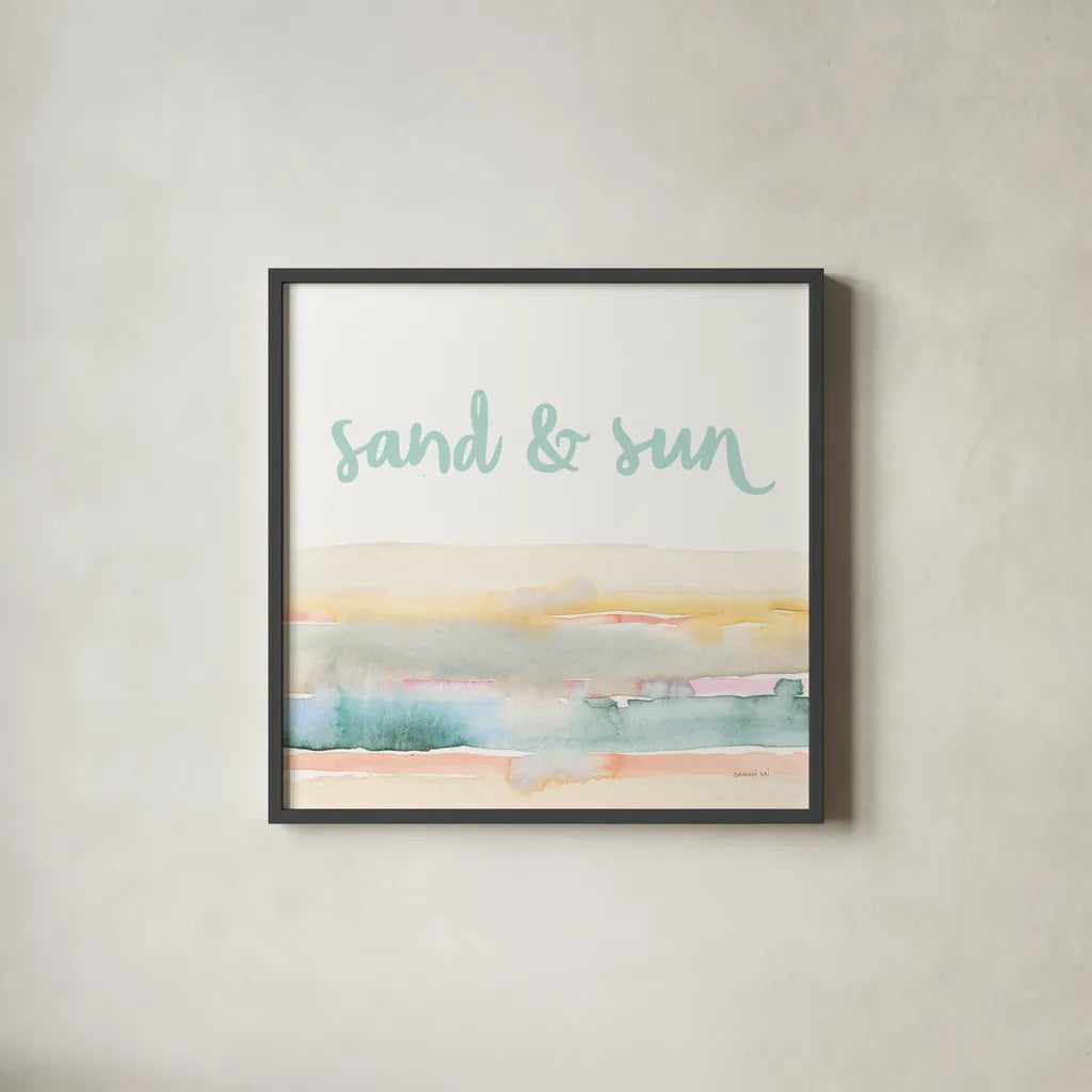 Boho Tropical Sign III by Danhui Nai. Shown in a sleek black glass frame for a contemporary gallery look. Available as an archival giclee rolled canvas, fine art paper, or poster print. SKU 72052a.