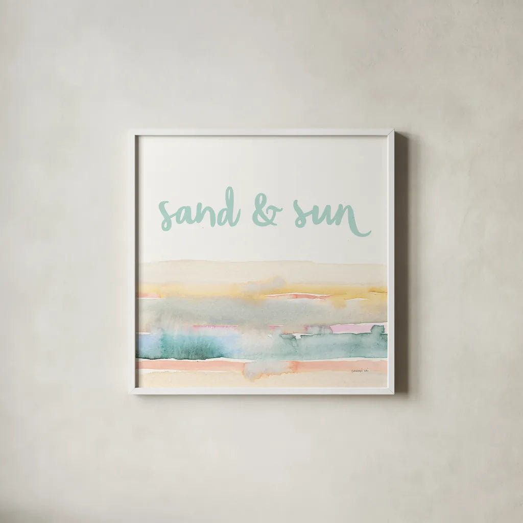 Boho Tropical Sign III by Danhui Nai. Shown in a crisp white glass frame for a clean and minimalist style. Available as an archival giclee rolled canvas, fine art paper, or poster print. SKU 72052a.