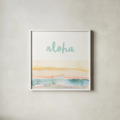 Boho Tropical Sign IV by Danhui Nai. Shown in a crisp white glass frame for a clean and minimalist style. Available as an archival giclee rolled canvas, fine art paper, or poster print. SKU 72053a.