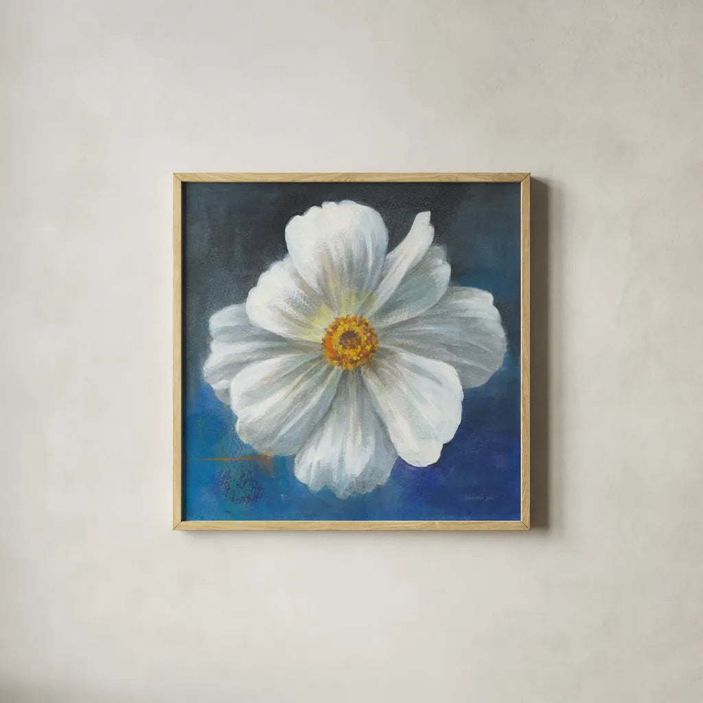 Boldest Bloom I by Danhui Nai. Shown in a natural wood glass frame for a timeless modern aesthetic. Available as an archival giclee rolled canvas, fine art paper, or poster print. SKU 64923a.