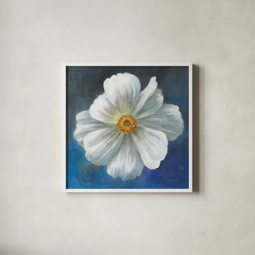 Boldest Bloom I by Danhui Nai. Shown in a crisp white glass frame for a clean and minimalist style. Available as an archival giclee rolled canvas, fine art paper, or poster print. SKU 64923a.