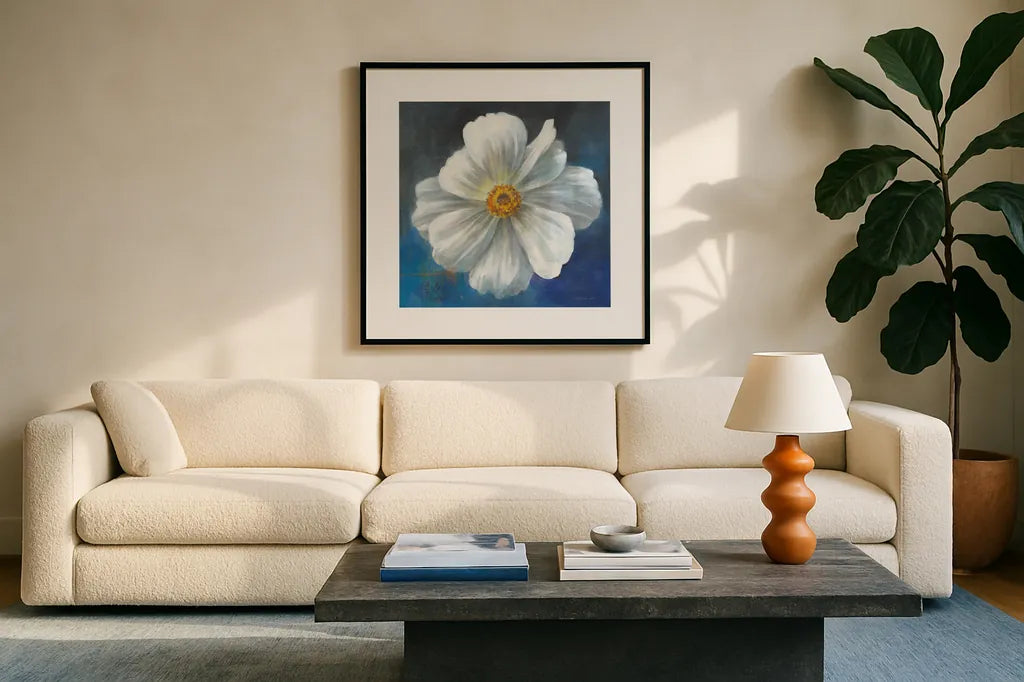 Boldest Bloom I by Danhui Nai. Displayed in a glass frame with matte in a clean modern living room. Available as an archival giclee rolled canvas, fine art paper, or poster print. SKU 64923a.