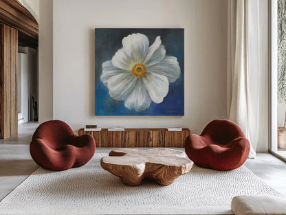 Boldest Bloom I by Danhui Nai. Shown as extra-large giant wall art in a modern living room. Available as an archival giclee rolled canvas, fine art paper, or poster print. SKU 64923a.