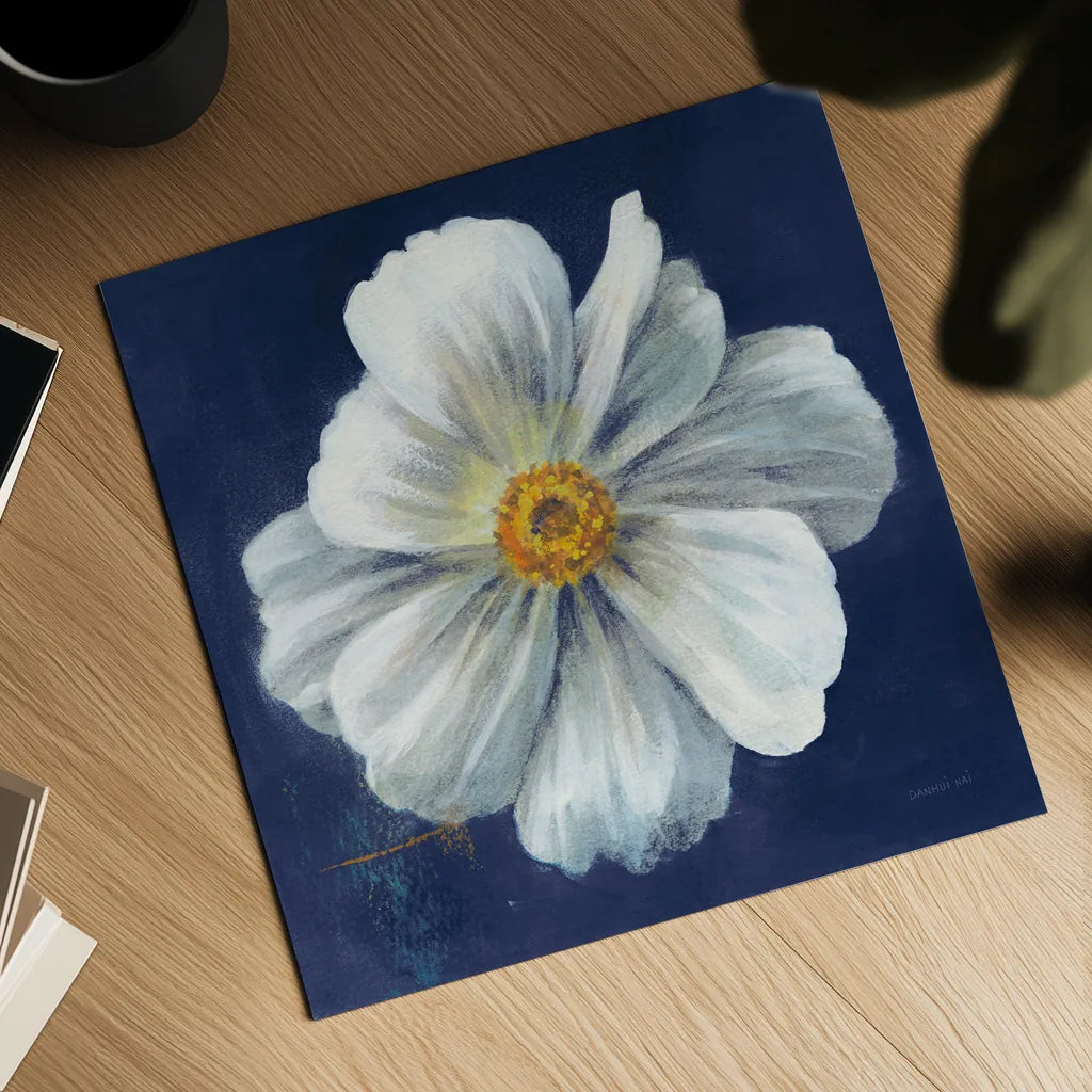Boldest Bloom I Dark Blue by Danhui Nai. Shown as a detailed flat fine art print, highlighting archival giclee quality. Available as an archival giclee rolled canvas, fine art paper, or poster print. SKU 66621a.