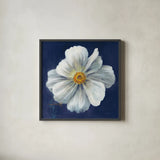 Boldest Bloom I Dark Blue by Danhui Nai. Shown in a sleek black glass frame for a contemporary gallery look. Available as an archival giclee rolled canvas, fine art paper, or poster print. SKU 66621a.