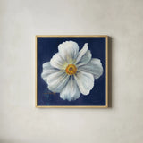 Boldest Bloom I Dark Blue by Danhui Nai. Shown in a natural wood glass frame for a timeless modern aesthetic. Available as an archival giclee rolled canvas, fine art paper, or poster print. SKU 66621a.