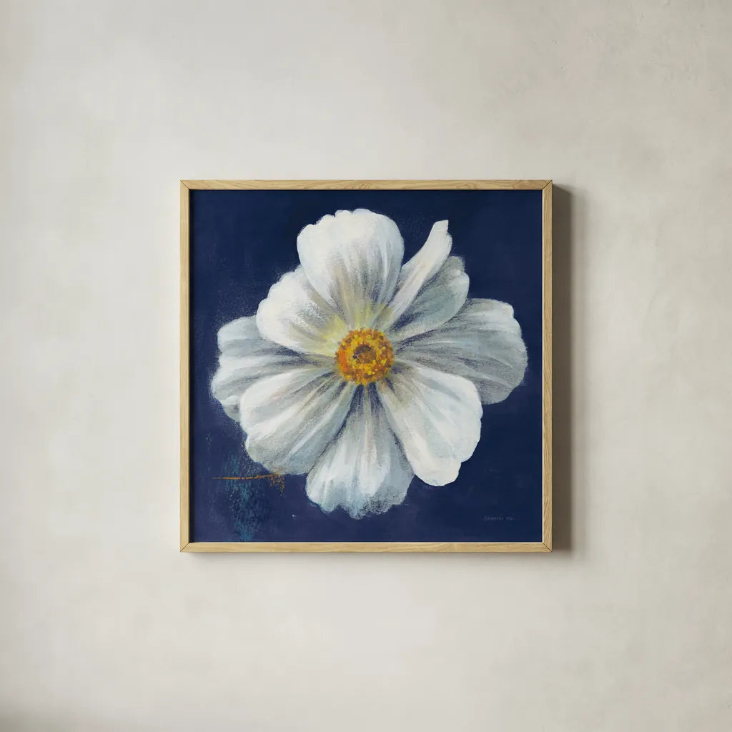 Boldest Bloom I Dark Blue by Danhui Nai. Shown in a natural wood glass frame for a timeless modern aesthetic. Available as an archival giclee rolled canvas, fine art paper, or poster print. SKU 66621a.