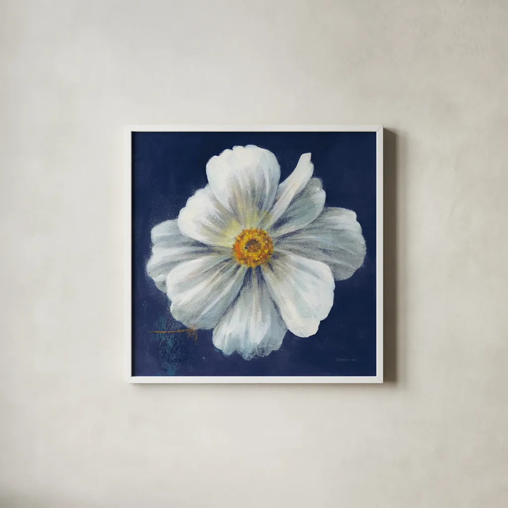 Boldest Bloom I Dark Blue by Danhui Nai. Shown in a crisp white glass frame for a clean and minimalist style. Available as an archival giclee rolled canvas, fine art paper, or poster print. SKU 66621a.